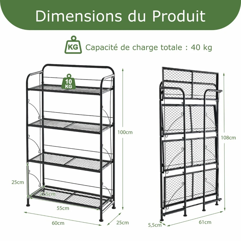 Costway - Etagere Plante, Support Plante, Meuble Plante, Support pot de Fleur, Pliable, 4 Niveaux en Métal avec Pieds Réglables, Noir