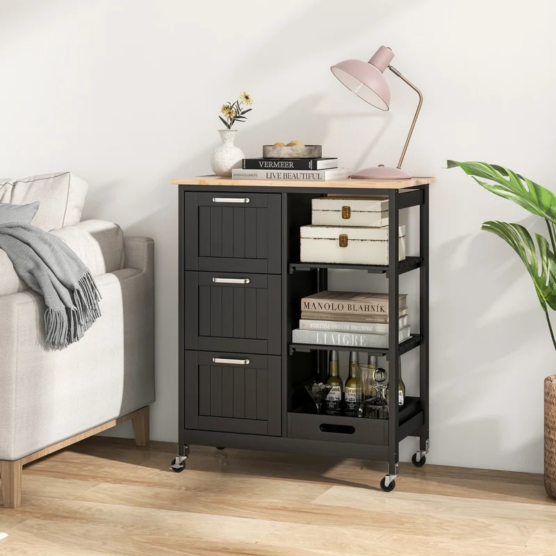 Costway - Chariot de Rangement, 3 Tiroir, 3 Niveaux, Ilot de Cuisine, Desserte a Roulette, Desserte Cuisine, Desserte micro onde, Noir