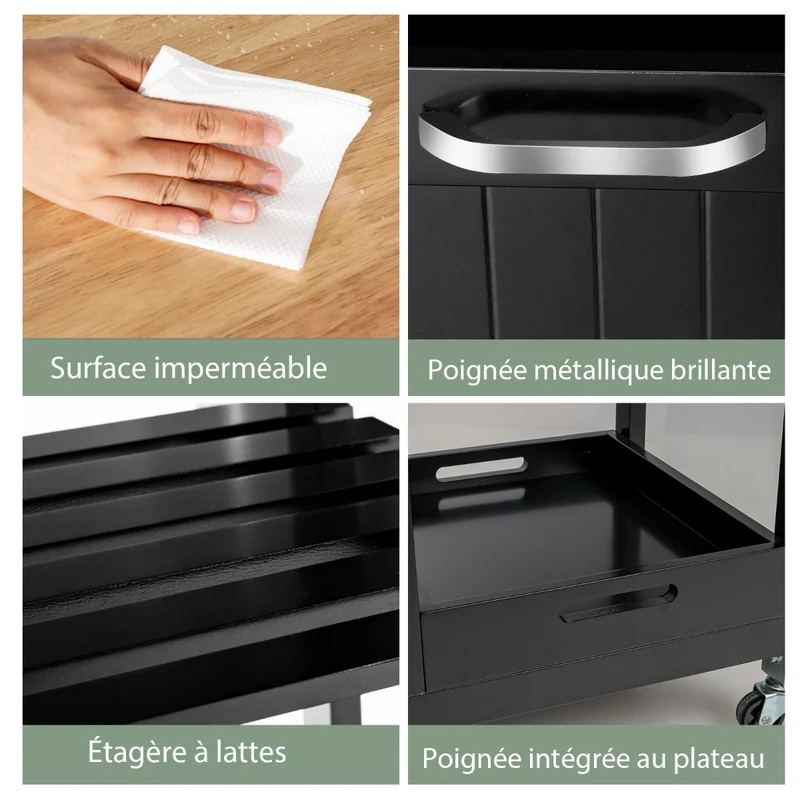Costway - Chariot de Rangement, 3 Tiroir, 3 Niveaux, Ilot de Cuisine, Desserte a Roulette, Desserte Cuisine, Desserte micro onde, Noir