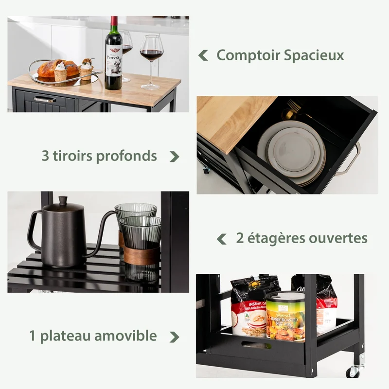 Costway - Chariot de Rangement, 3 Tiroir, 3 Niveaux, Ilot de Cuisine, Desserte a Roulette, Desserte Cuisine, Desserte micro onde, Noir