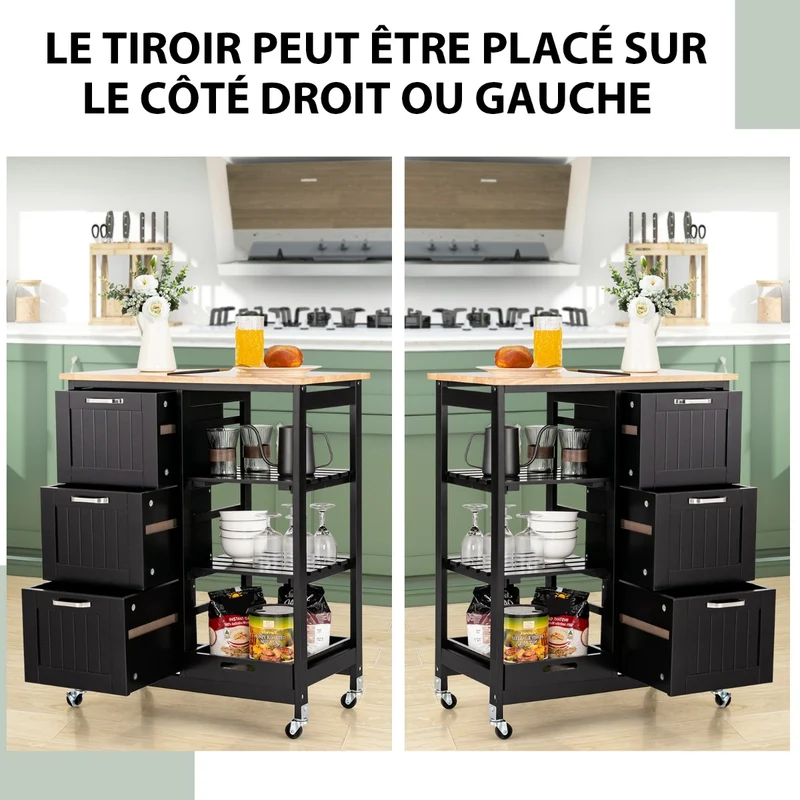 Costway - Chariot de Rangement, 3 Tiroir, 3 Niveaux, Ilot de Cuisine, Desserte a Roulette, Desserte Cuisine, Desserte micro onde, Noir