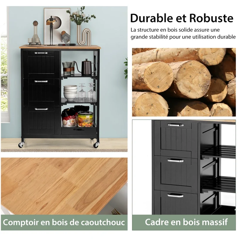 Costway - Chariot de Rangement, 3 Tiroir, 3 Niveaux, Ilot de Cuisine, Desserte a Roulette, Desserte Cuisine, Desserte micro onde, Noir