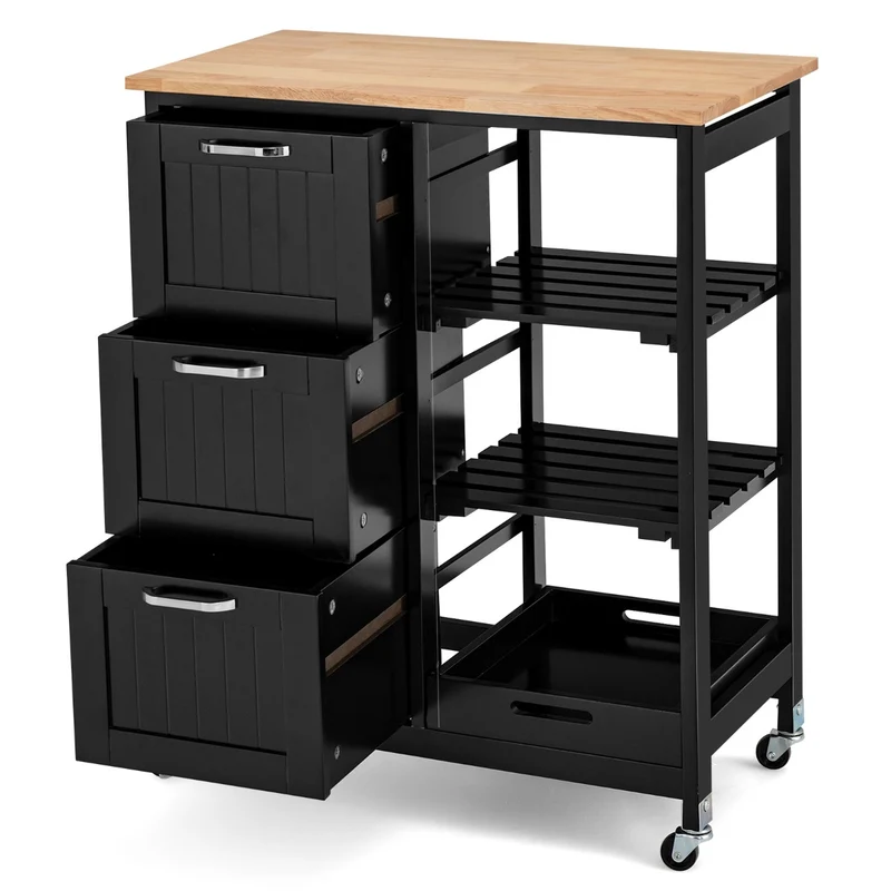 Costway - Chariot de Rangement, 3 Tiroir, 3 Niveaux, Ilot de Cuisine, Desserte a Roulette, Desserte Cuisine, Desserte micro onde, Noir