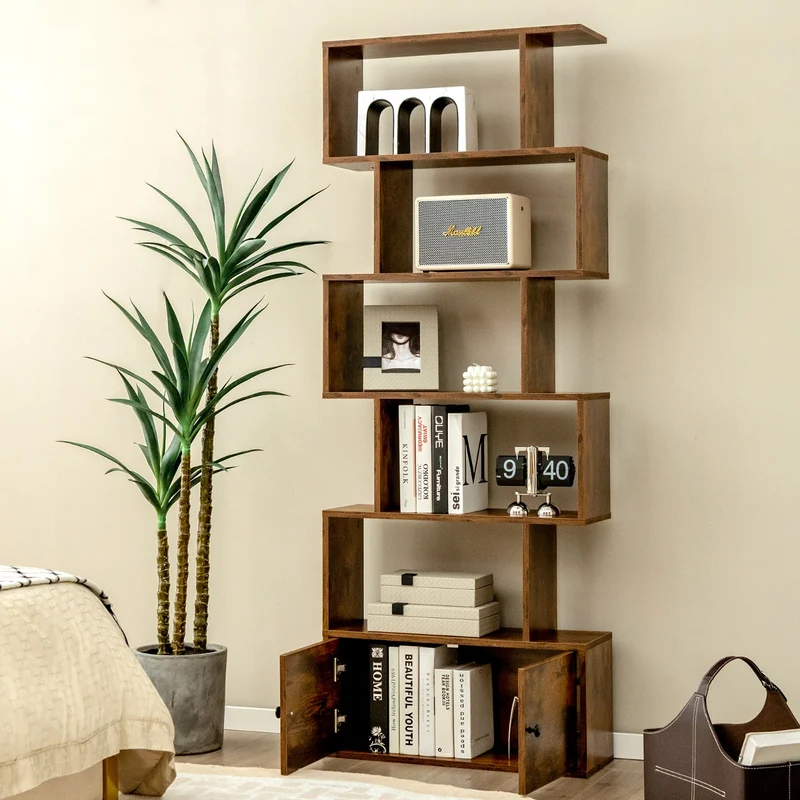Costway - Étagère Bibliothèque, Etagere de Rangement, Etagere Colonne, Etagere Salon, Échelle en Bois à 6 niveaux avec 2 Portes, Marron Rustique