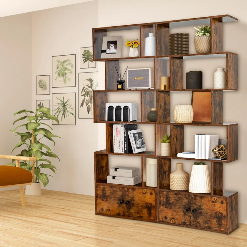 Costway - Étagère Bibliothèque, Etagere de Rangement, Etagere Colonne, Etagere Salon, Échelle en Bois à 6 niveaux avec 2 Portes, Marron Rustique