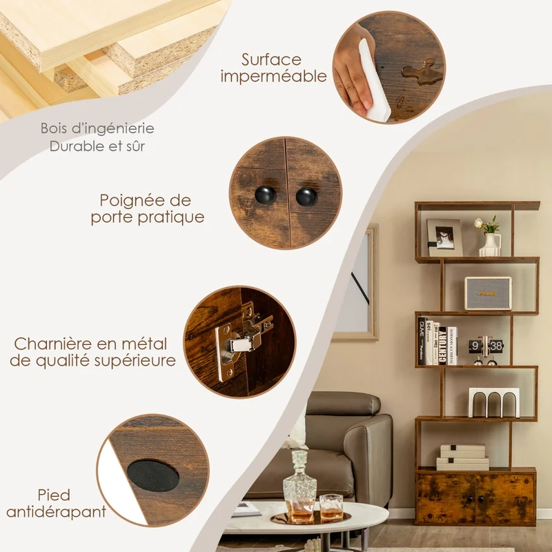 Costway - Étagère Bibliothèque, Etagere de Rangement, Etagere Colonne, Etagere Salon, Échelle en Bois à 6 niveaux avec 2 Portes, Marron Rustique