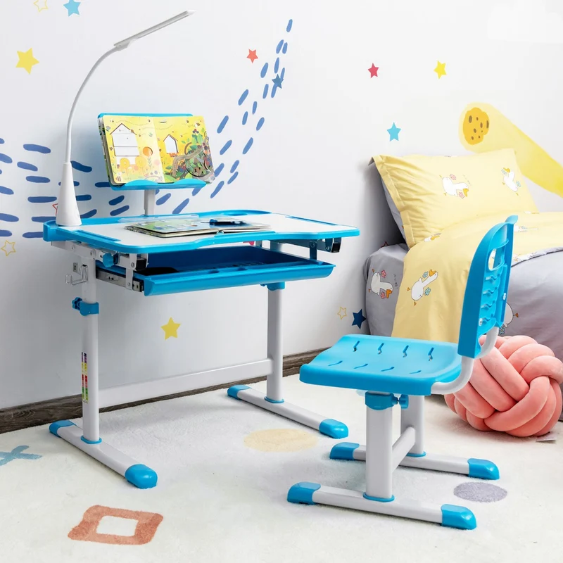 Costway - Bureau Enfant, Chaise Enfant, Table et Chaise Enfant, Bureau Enfant primaire avec Éclairage LED Plateau Incliné, Réglable en Hauteur, Bleu
