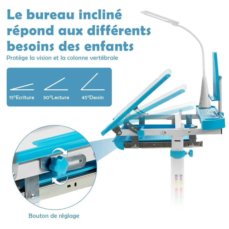 Costway - Bureau Enfant, Chaise Enfant, Table et Chaise Enfant, Bureau Enfant primaire avec Éclairage LED Plateau Incliné, Réglable en Hauteur, Bleu