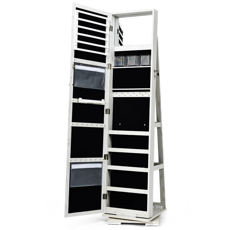 Costway - Armoire a Bijoux, Miroir Bijoux, Armoire Bijoux, Pivotante à 360 Degrés avec Grand Miroir Psyché et Etagère de Rangement à L’Arrière, Blanc