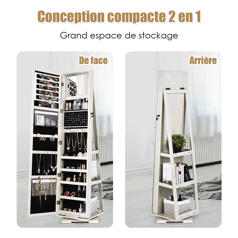 Costway - Armoire a Bijoux, Miroir Bijoux, Armoire Bijoux, Pivotante à 360 Degrés avec Grand Miroir Psyché et Etagère de Rangement à L’Arrière, Blanc