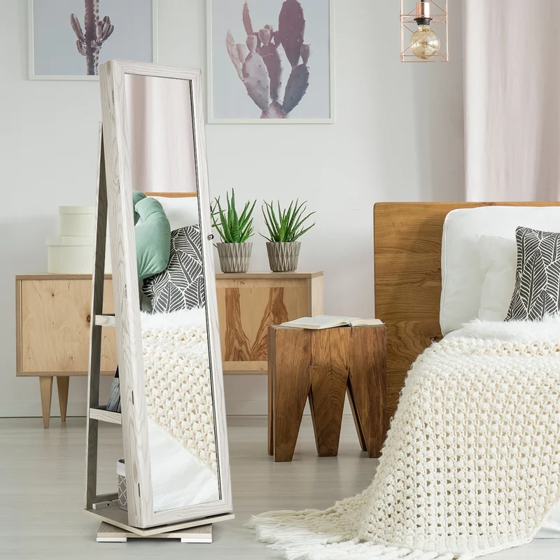 Costway - Armoire a Bijoux, Miroir Bijoux, Armoire Bijoux, Pivotante à 360 Degrés avec Grand Miroir Psyché et Etagère de Rangement à L’Arrière, Blanc
