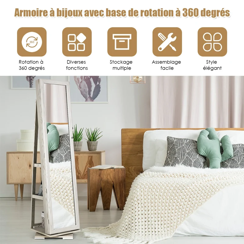 Costway - Armoire a Bijoux, Miroir Bijoux, Armoire Bijoux, Pivotante à 360 Degrés avec Grand Miroir Psyché et Etagère de Rangement à L’Arrière, Blanc