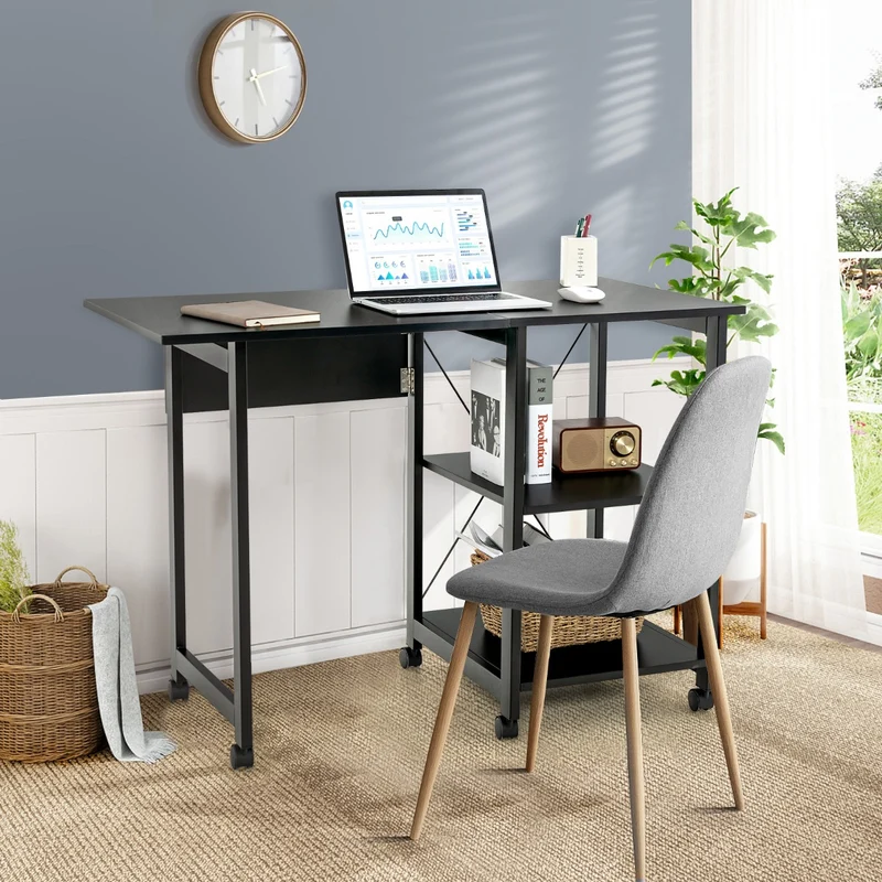 Costway - Table, Petit Bureau, Bureau Pliable, Bureau Ordinateur, Table de Bureau, Poste de Travail avec 6 Roulettes, Bureau d'Etudes, Noir