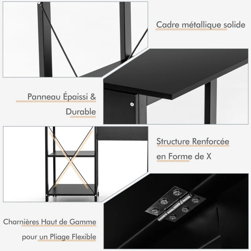 Costway - Table, Petit Bureau, Bureau Pliable, Bureau Ordinateur, Table de Bureau, Poste de Travail avec 6 Roulettes, Bureau d'Etudes, Noir