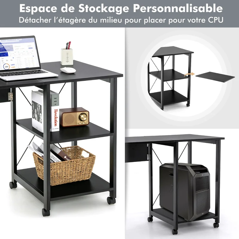 Costway - Table, Petit Bureau, Bureau Pliable, Bureau Ordinateur, Table de Bureau, Poste de Travail avec 6 Roulettes, Bureau d'Etudes, Noir