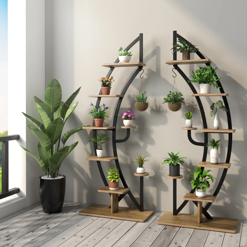 Costway - Etagere Plante, Lot de 2, 7 Niveaux, Meuble Plante, Support pot de fFleur, Métal, Forme de Demi-lune avec Dispositif Anti-renversement