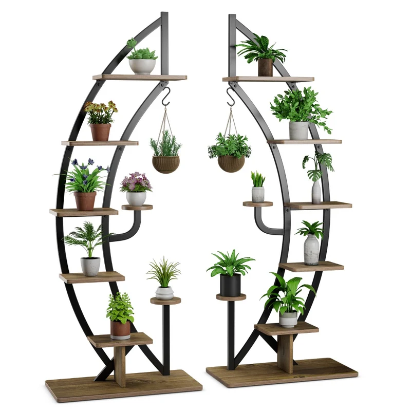 Costway - Etagere Plante, Lot de 2, 7 Niveaux, Meuble Plante, Support pot de fFleur, Métal, Forme de Demi-lune avec Dispositif Anti-renversement