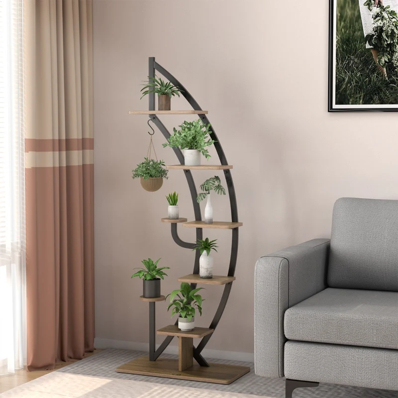 Costway - Etagere Plante, Lot de 2, 7 Niveaux, Meuble Plante, Support pot de fFleur, Métal, Forme de Demi-lune avec Dispositif Anti-renversement
