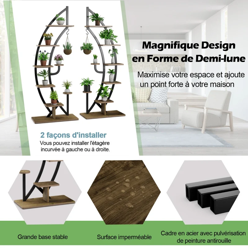 Costway - Etagere Plante, Lot de 2, 7 Niveaux, Meuble Plante, Support pot de fFleur, Métal, Forme de Demi-lune avec Dispositif Anti-renversement
