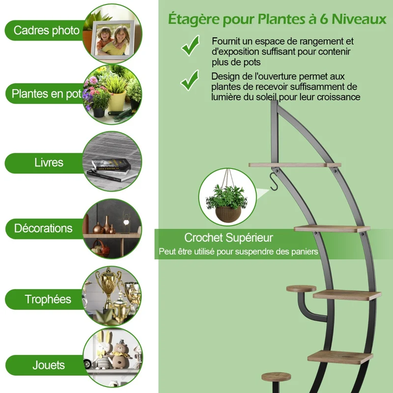 Costway - Etagere Plante, Lot de 2, 7 Niveaux, Meuble Plante, Support pot de fFleur, Métal, Forme de Demi-lune avec Dispositif Anti-renversement