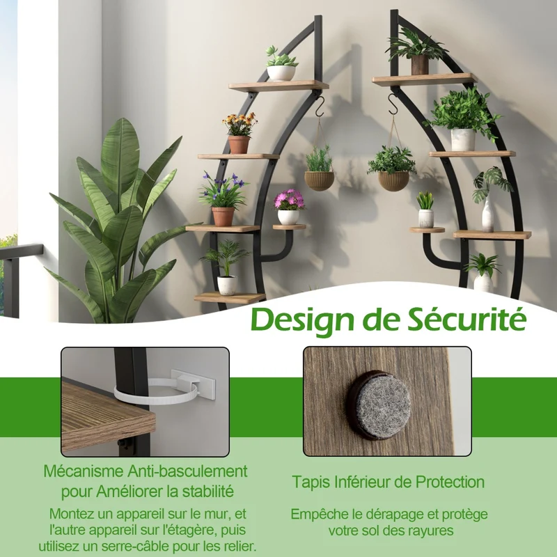 Costway - Etagere Plante, Lot de 2, 7 Niveaux, Meuble Plante, Support pot de fFleur, Métal, Forme de Demi-lune avec Dispositif Anti-renversement