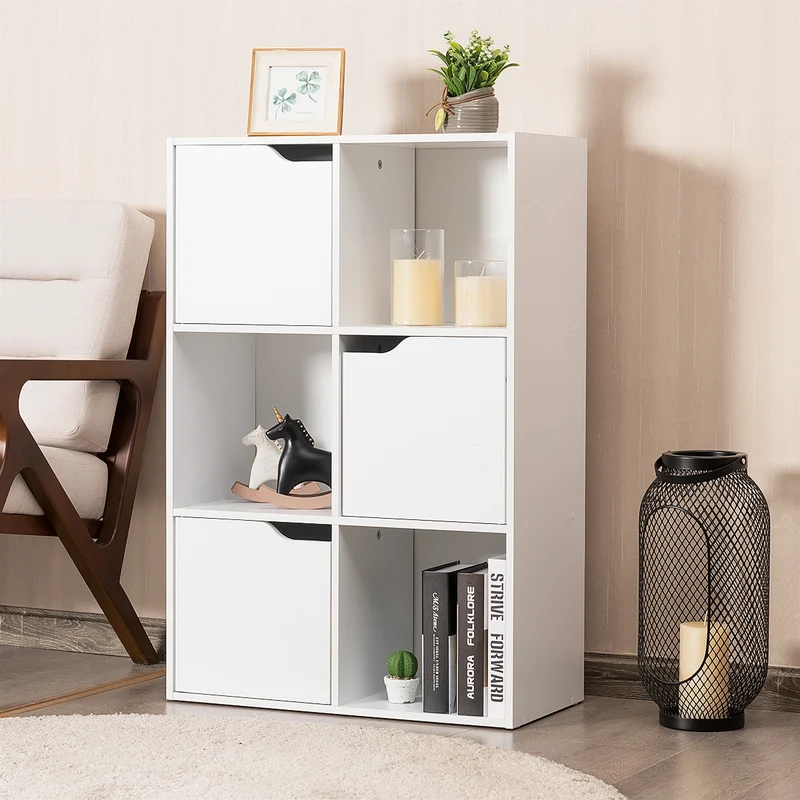 Costway - Etagere Salon, Etagere de Rangement, Étagère Bibliothèque, Casier avec 6 Compartiments 3 Ouverts et 3 avec Portes, Capacité 30 kg, Blanc