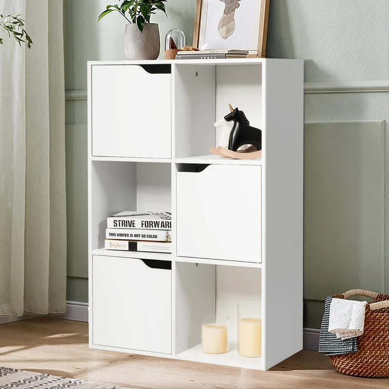 Costway - Etagere Salon, Etagere de Rangement, Étagère Bibliothèque, Casier avec 6 Compartiments 3 Ouverts et 3 avec Portes, Capacité 30 kg, Blanc