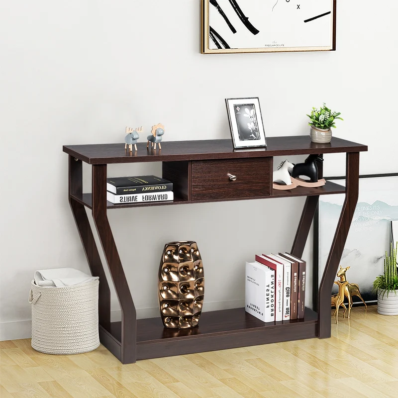 Costway - Console d'entrée, Console Meuble, Table Console, Petite Console Entrée, en MDF avec un Tiroir et 3 Compartiments pour Rangement, Brun