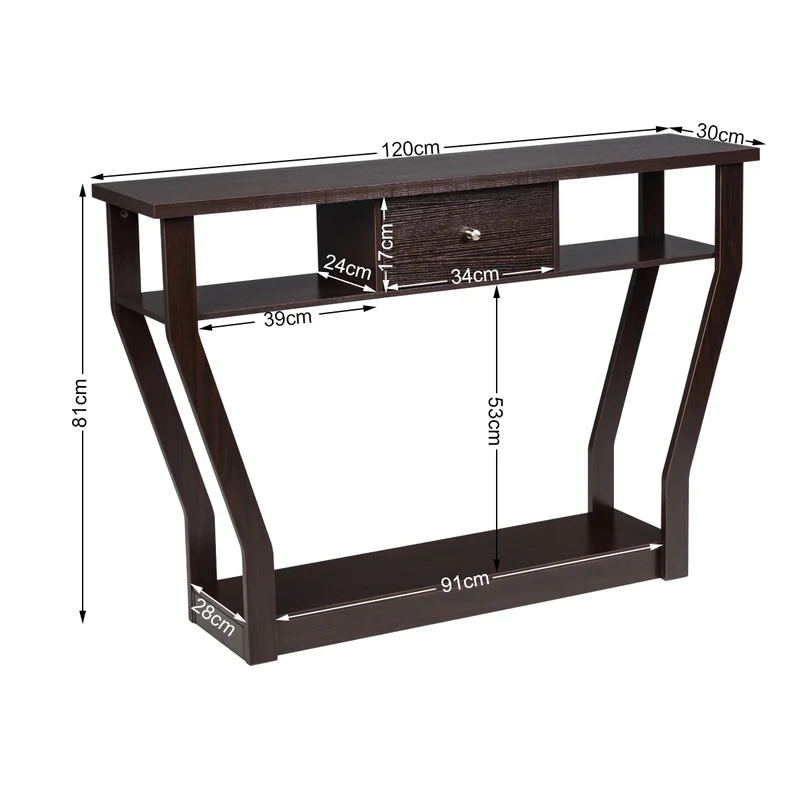 Costway - Console d'entrée, Console Meuble, Table Console, Petite Console Entrée, en MDF avec un Tiroir et 3 Compartiments pour Rangement, Brun