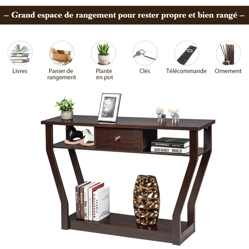 Costway - Console d'entrée, Console Meuble, Table Console, Petite Console Entrée, en MDF avec un Tiroir et 3 Compartiments pour Rangement, Brun