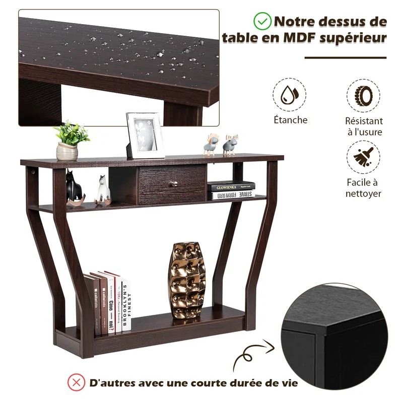 Costway - Console d'entrée, Console Meuble, Table Console, Petite Console Entrée, en MDF avec un Tiroir et 3 Compartiments pour Rangement, Brun