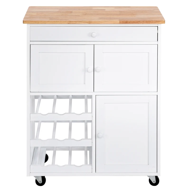 Costway - Chariot de Rangement, Ilot de Cuisine, Desserte a Roulette, Desserte Cuisine, Casier a Bouteille, 1 Tiroir, 2 Armoires, Blanc