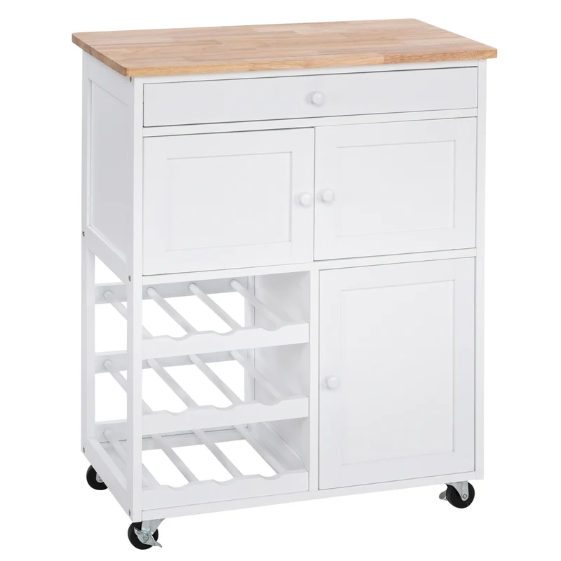 Costway - Chariot de Rangement, Ilot de Cuisine, Desserte a Roulette, Desserte Cuisine, Casier a Bouteille, 1 Tiroir, 2 Armoires, Blanc