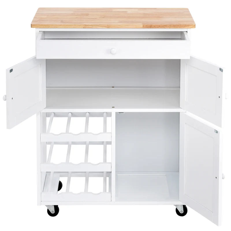 Costway - Chariot de Rangement, Ilot de Cuisine, Desserte a Roulette, Desserte Cuisine, Casier a Bouteille, 1 Tiroir, 2 Armoires, Blanc