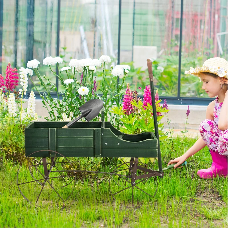Costway - Support Plante, Support pot de Fleur, Brouette Décorative en Bois avec 2 Compartiments à Planter Roues Métalliques, Charge 15kg, Vert