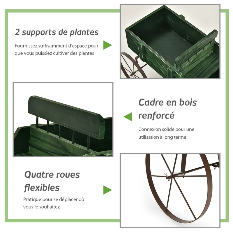 Costway - Support Plante, Support pot de Fleur, Brouette Décorative en Bois avec 2 Compartiments à Planter Roues Métalliques, Charge 15kg, Vert