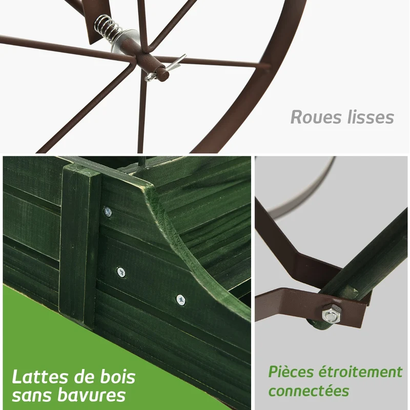 Costway - Support Plante, Support pot de Fleur, Brouette Décorative en Bois avec 2 Compartiments à Planter Roues Métalliques, Charge 15kg, Vert