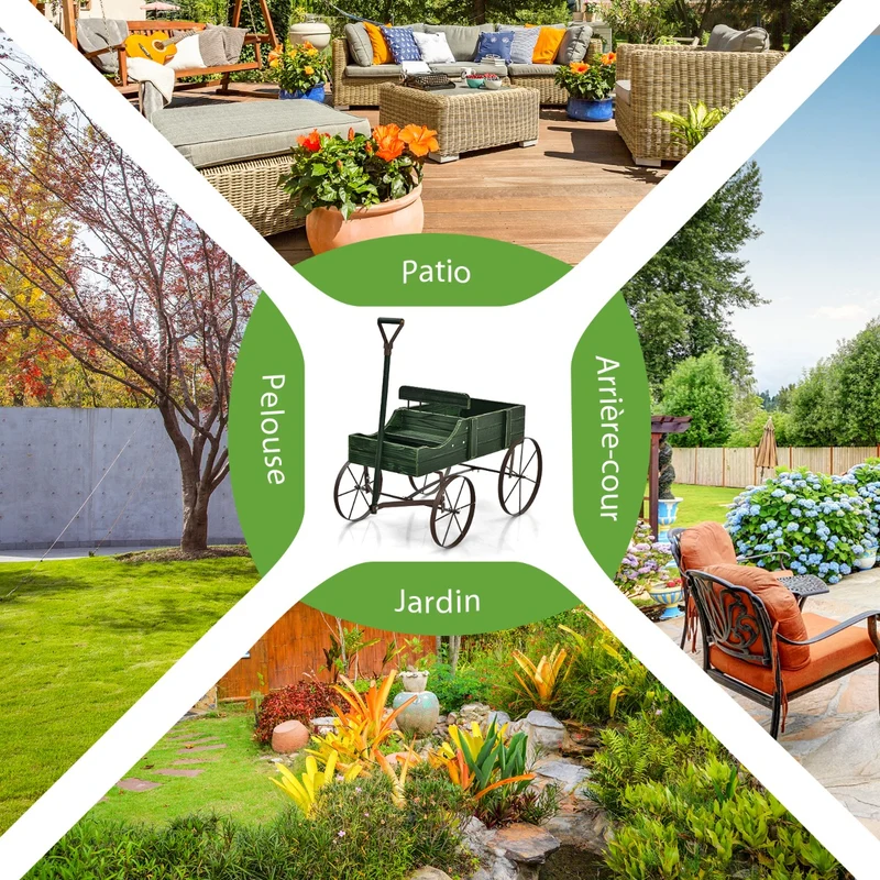 Costway - Support Plante, Support pot de Fleur, Brouette Décorative en Bois avec 2 Compartiments à Planter Roues Métalliques, Charge 15kg, Vert