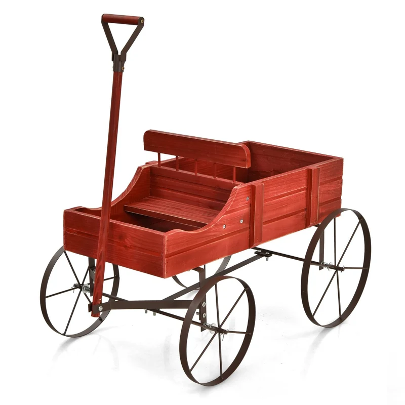 Costway - Support Plante, Support pot de Fleur, Brouette Décorative en Bois avec 2 Compartiments à Planter Roues Métalliques, Charge 15kg, Rouge