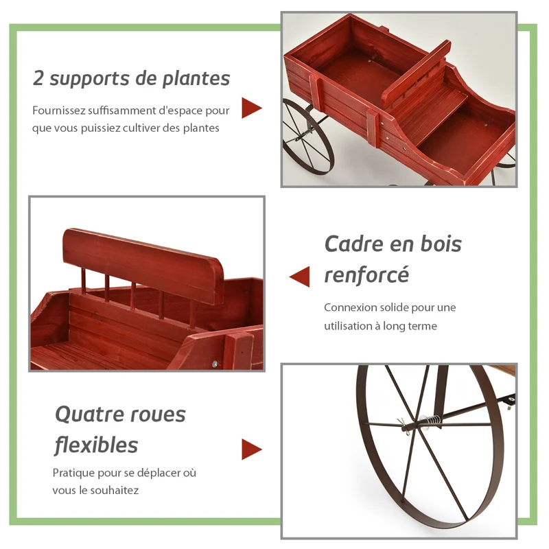 Costway - Support Plante, Support pot de Fleur, Brouette Décorative en Bois avec 2 Compartiments à Planter Roues Métalliques, Charge 15kg, Rouge