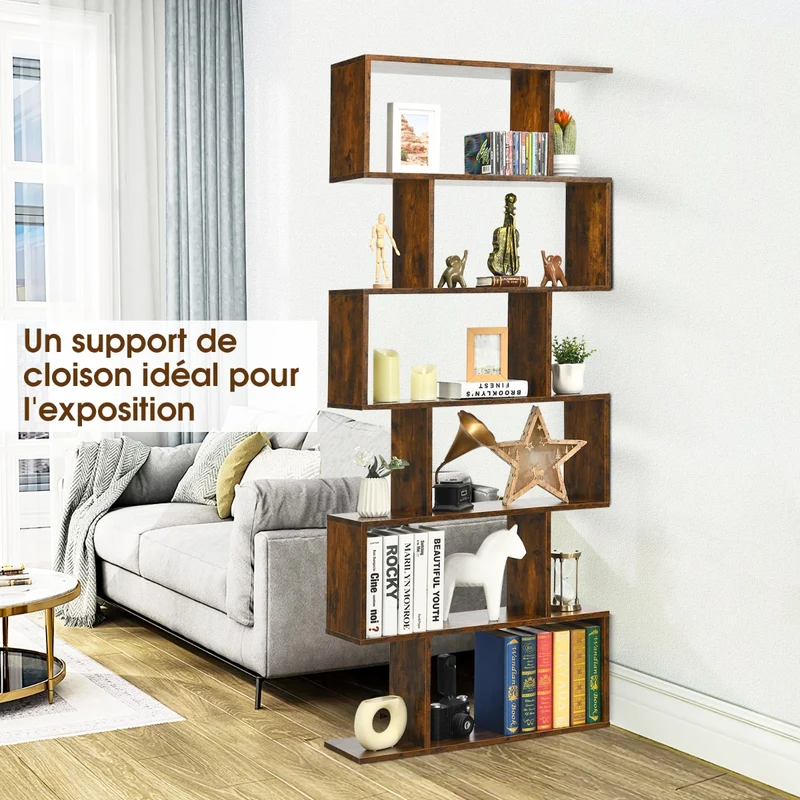 Costway - Étagère Bibliothèque, 6 Niveaux, Etagere de Rangement, Etagere Colonne, Etagere Salon, Forme de S pour Salon Chambre, Café