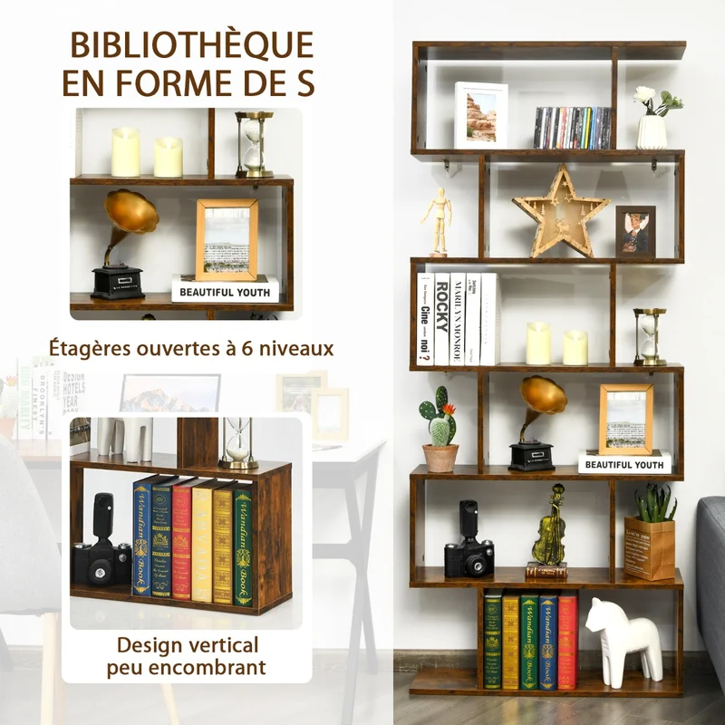 Costway - Étagère Bibliothèque, 6 Niveaux, Etagere de Rangement, Etagere Colonne, Etagere Salon, Forme de S pour Salon Chambre, Café