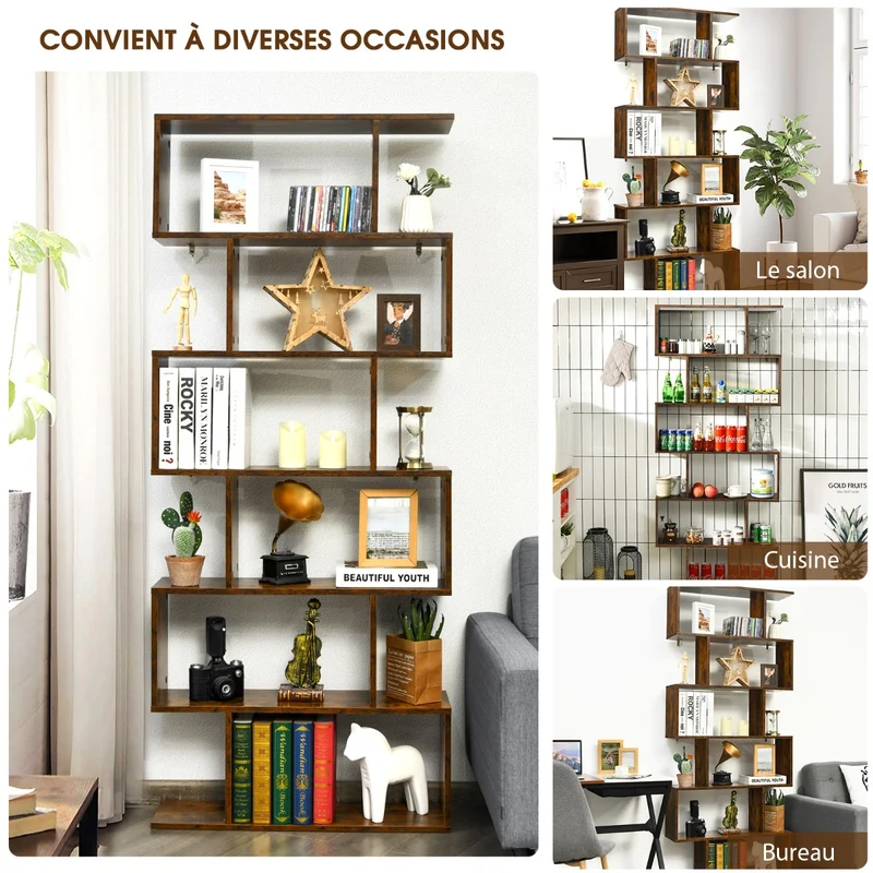 Costway - Étagère Bibliothèque, 6 Niveaux, Etagere de Rangement, Etagere Colonne, Etagere Salon, Forme de S pour Salon Chambre, Café