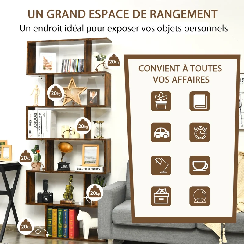 Costway - Étagère Bibliothèque, 6 Niveaux, Etagere de Rangement, Etagere Colonne, Etagere Salon, Forme de S pour Salon Chambre, Café