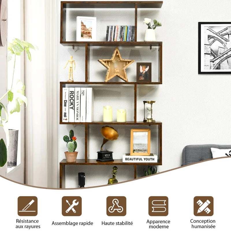 Costway - Étagère Bibliothèque, 6 Niveaux, Etagere de Rangement, Etagere Colonne, Etagere Salon, Forme de S pour Salon Chambre, Café