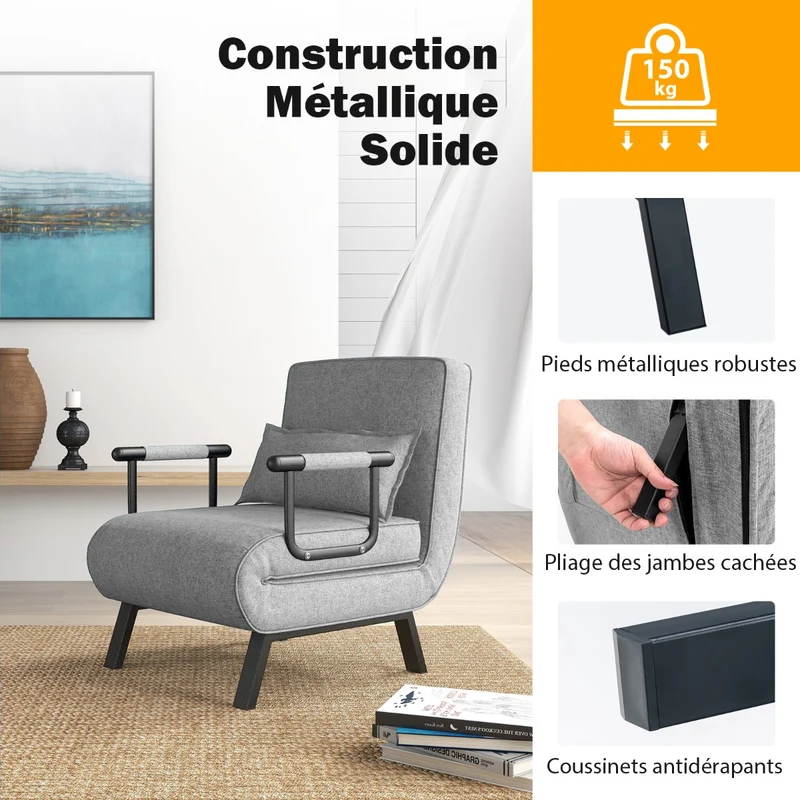 Costway - Fauteuil Convertible, Dossier Réglable en 6 Positions, Canapé Lit 1 Place, Fauteuil Confortable, Fauteuil Salon, avec Oreiller, Gris Clair