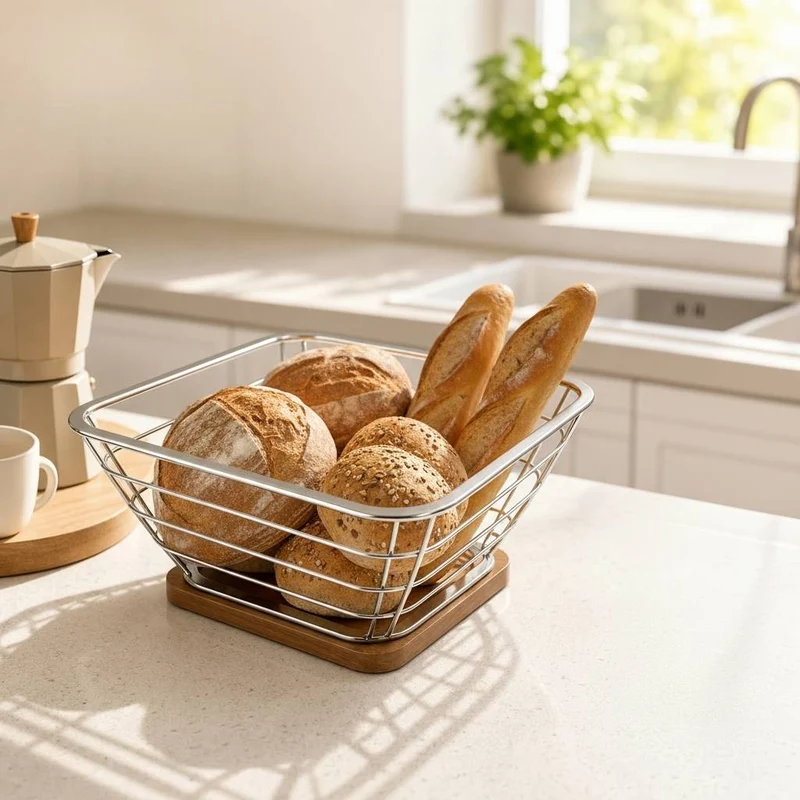 CORBEILLE PAIN INOX | Acier Inoxydable et Bambou