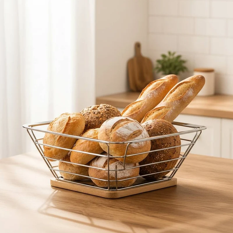 CORBEILLE PAIN INOX | Acier Inoxydable et Bambou