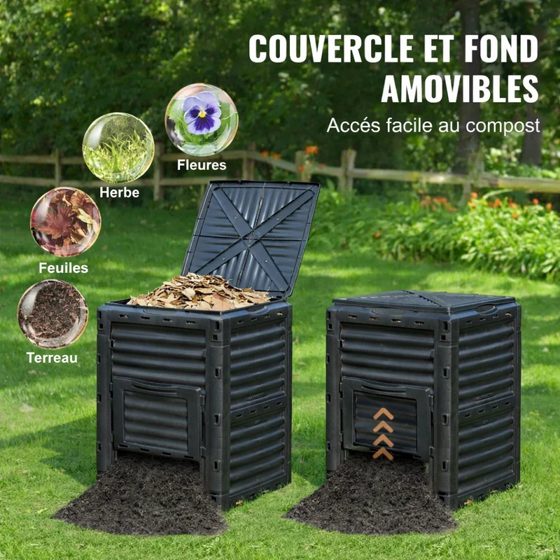 Composteur de jardin de 300L avec couvercle et trappe