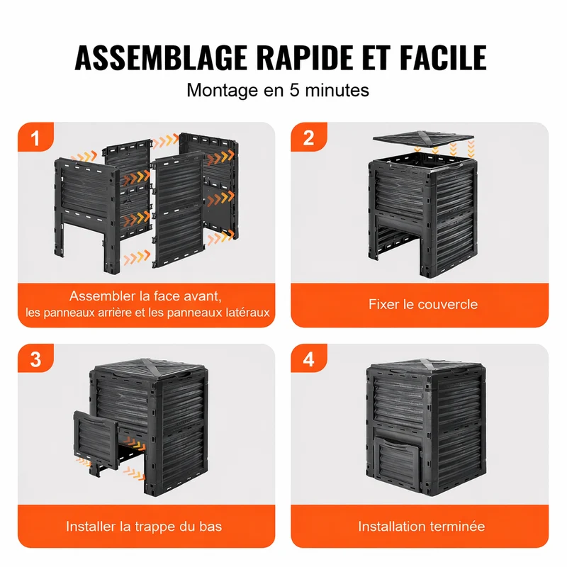 Composteur de jardin de 300L avec couvercle et trappe
